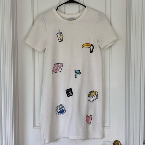 Zara Trafaluc White Short Sleeve Boxy T-Shirt Mini Dress w embroidered patches - Picture 11 of 11